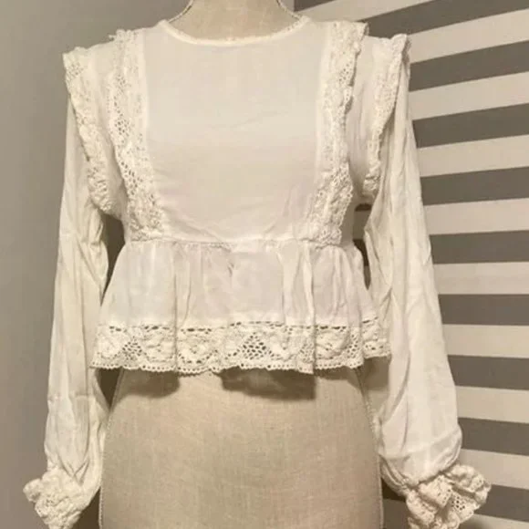 White Crochet Lace Balloon Sleeve Boho Crop Blouse Size Small - Picture 1 of 1